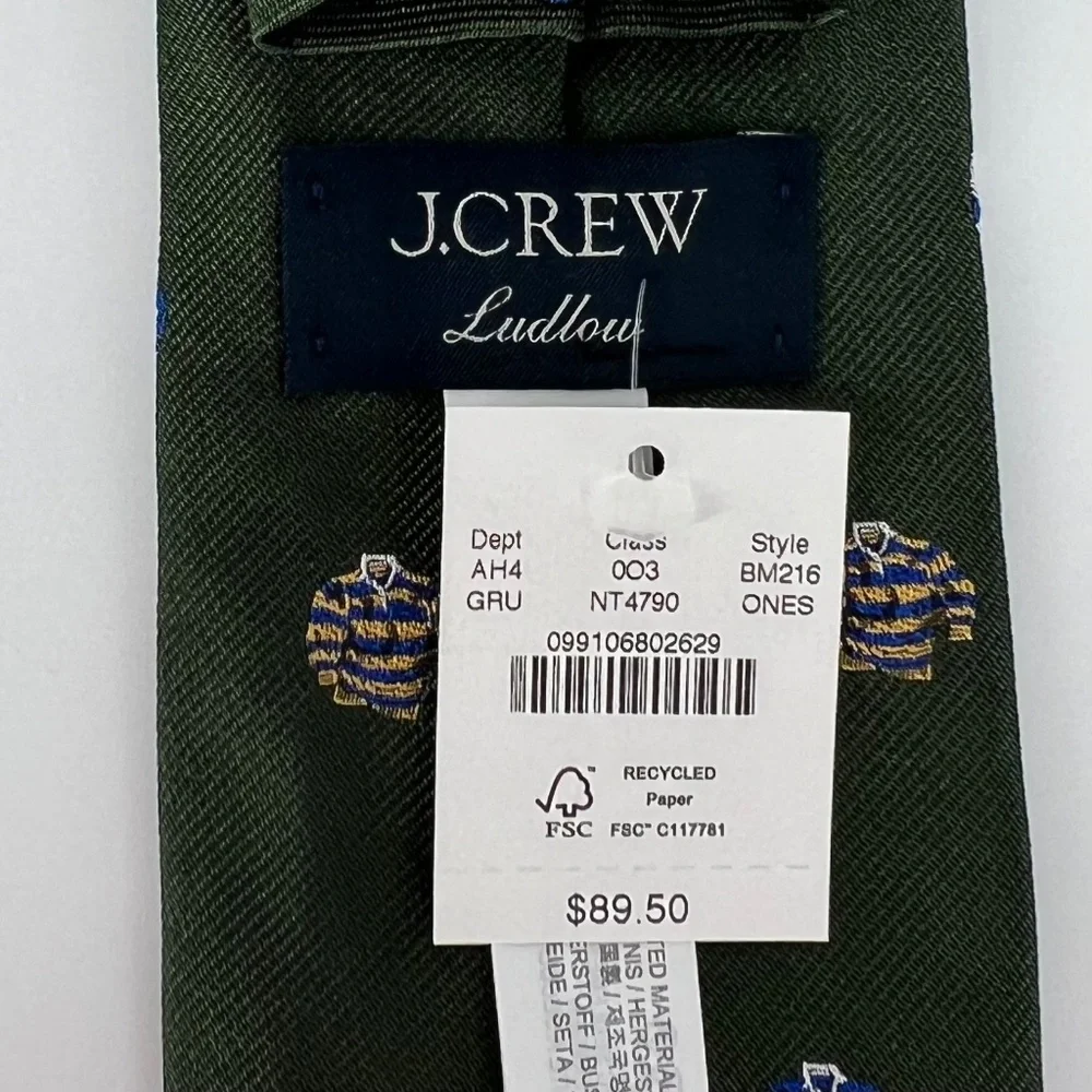 J. Crew Men's Rugby Pattern 100% Silk Tie Green Ludlow English Hand Stitched USA